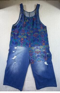 Monthorigin Women M Blue Wide Leg Overalls Artsy Boho Chic Jumpsuit Casual Pants
